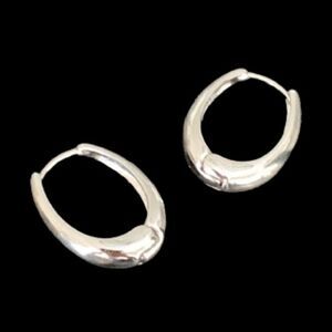 Silver Tone Halo Oval Hoop Earrings, Medium Size 1” Drop, Modern & Minimalist